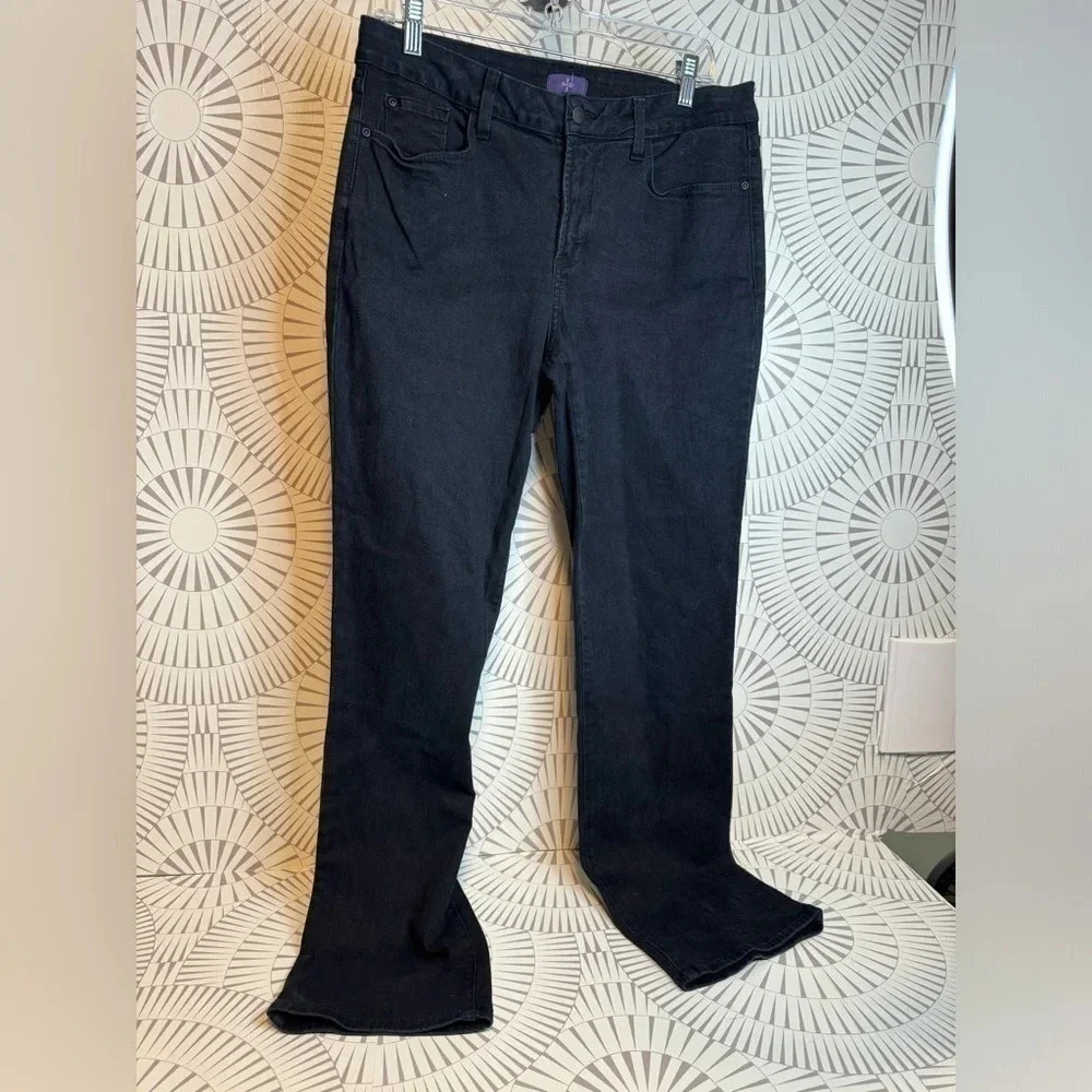 NYDJ WOMENS BLACK STRAIGHT LEG DENIM PANTS WITH BACK POCKET EMBELLISHMENT